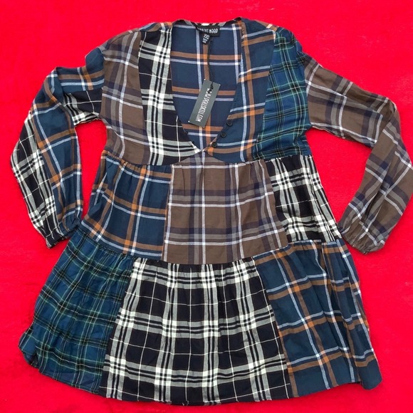 NWT Western Current Mood Plaid Patchwork Mini Dress Long Sleeve Button Front XXS - Picture 1 of 8
